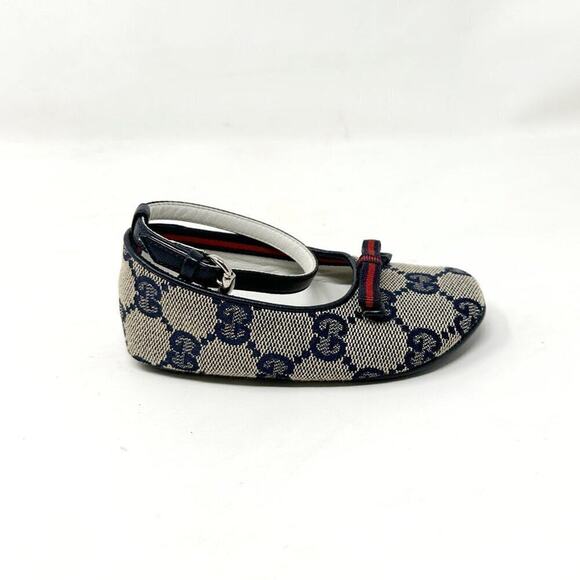 Gucci GG Supreme Blue Monogram Canvas Leather Trim Maryjane Baby Girl Shoes - Picture 4 of 9